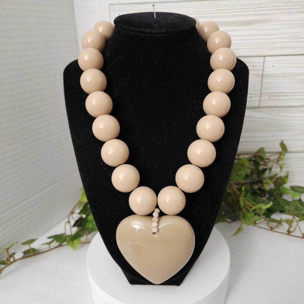 Statement Chunky Taupe Bead Necklace with Heart Pendant